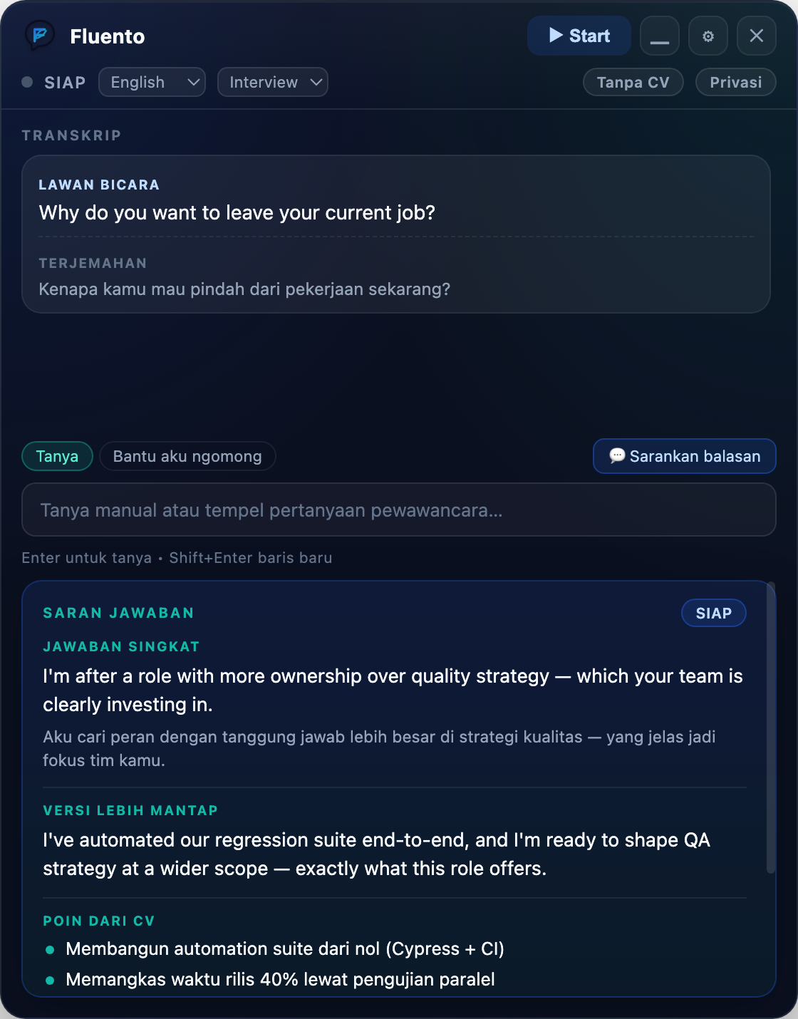 Tampilan aplikasi Fluento saat percakapan